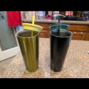 Starbucks Olive Green Tumbler with Yellow Lid and Black Tumbler with Teal Lid